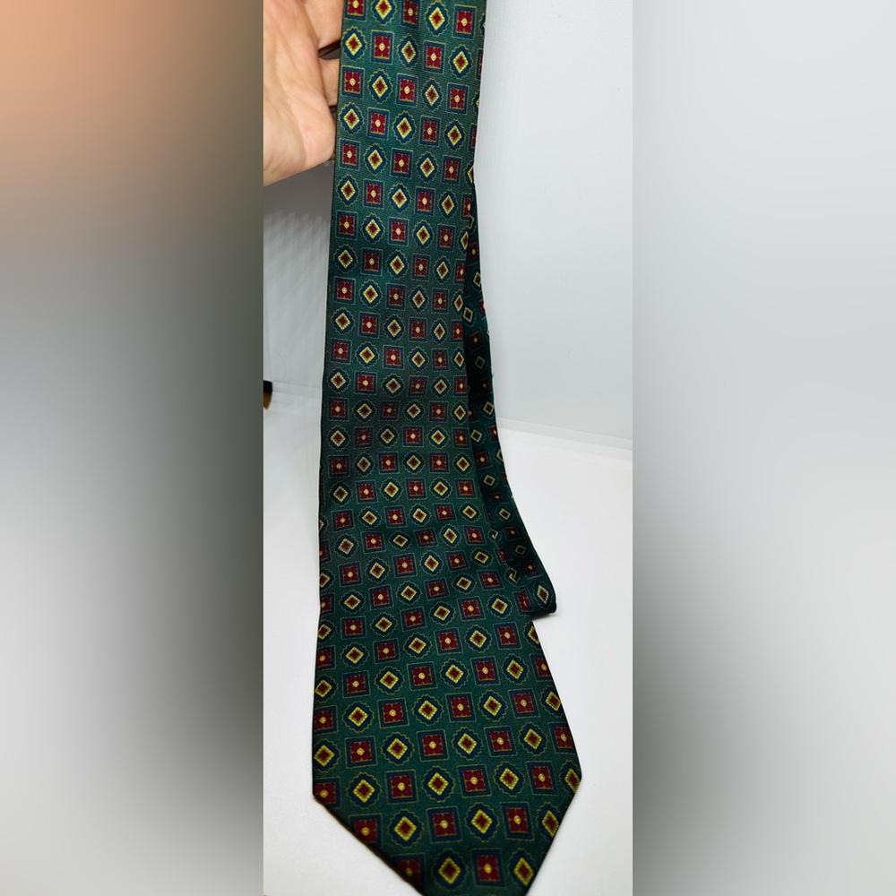 Fendi Teal/Green Silk Tie with Red and Yellow Geometric Motif